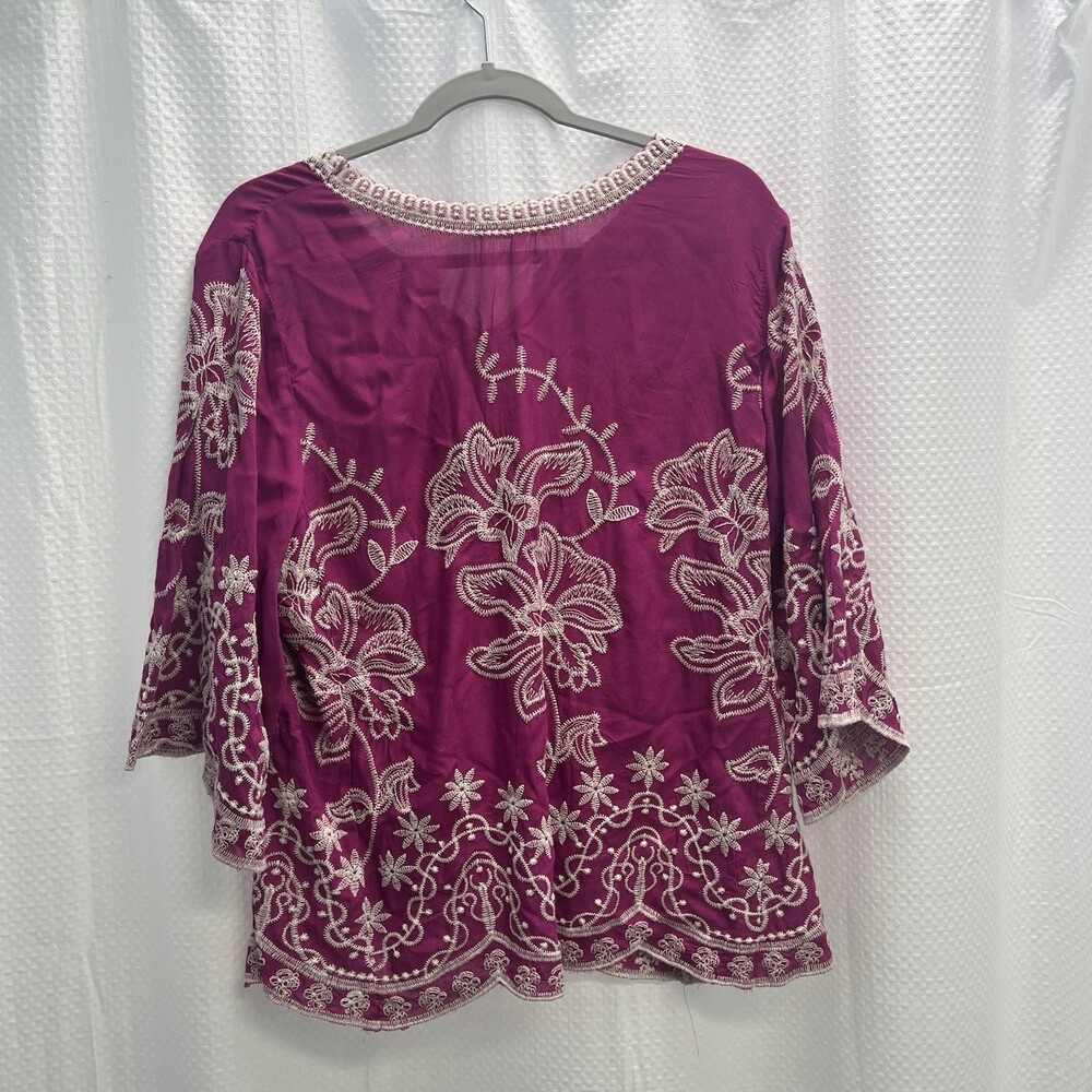 Solitaire Magenta Floral Embroidered Scallop Edge Boho Peasant Cottagecore Top L - Picture 8 of 9